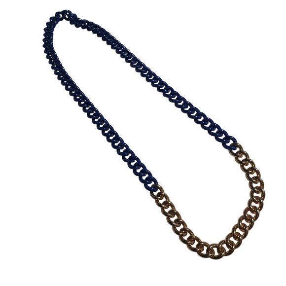 Blue Gold Tone Chain Link Statement Necklace 30 Inch Length Bold Two Tone Design - Picture 1 of 4